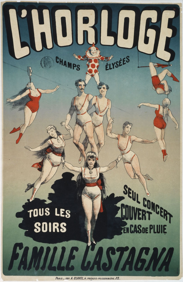 Ein Plakat für L'Horloge Family Lastagna mit einer Gruppe von Menschen in bunten Kostümen mit strahlenden Gesichtern.