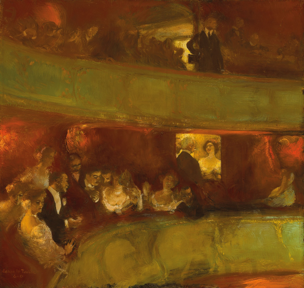 Gemälde einer vielseitigen Gruppe von formell gekleideten Menschen in einem hell erleuchteten Theater, einige stehen, einige sitzen, mit neutralfarbenen Wänden und einer lebendigen Atmosphäre.