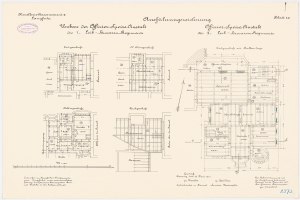Ein detaillierter architektonischer Grundriss des ehemaligen Bundeskanzleramts in der Bundesrepublik Deutschland, der strukturelle Layouts und Anmerkungen zeigt.
