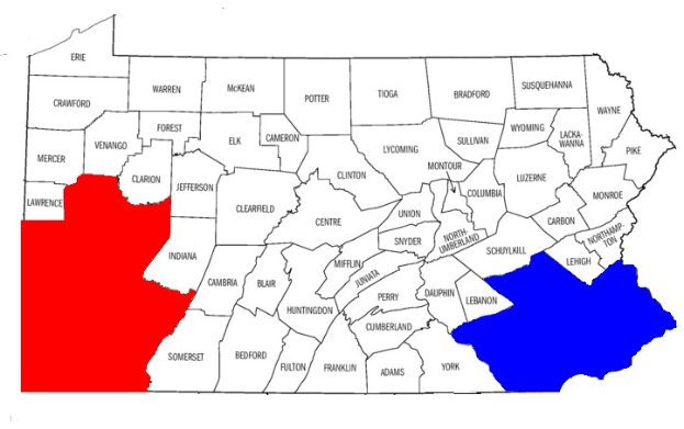 Eine Karte von Pennsylvania, die Wahlergebnisse zeigt, mit Landkreisen in Rot und Blau hervorgehoben und mit dem Titel "Pennsylvania Wahl-Ergebnisse".