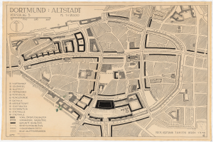 Ein detaillierter alter Stadtplan von Dortmund, Deutschland, mit Text, der einen umfassenden Überblick über das Gebiet bietet.