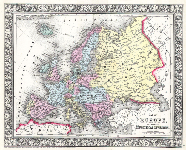 Ein altes Europa-Karte mit dem Hintergrund des britischen Empire, gerahmt in einem Fotorahmen, beschriftet mit "Karte von Europa mit ihren politischen Grenzen".