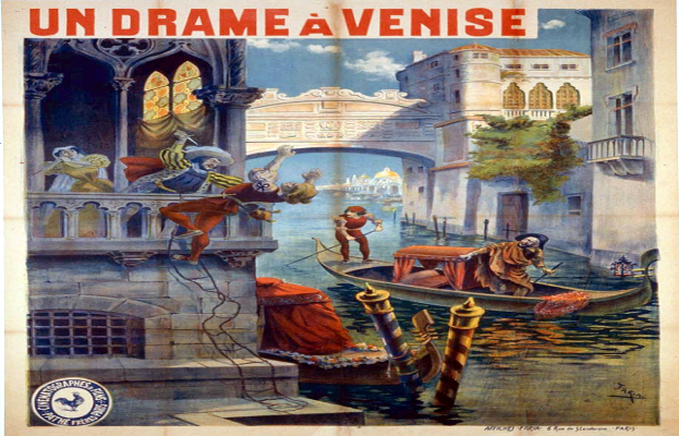 Ein Filmplakat, das Menschen in einem Boot auf dem Wasser zeigt, mit Gebäuden, Bäumen und einer Brücke im Hintergrund, und Text, der den Film beschreibt.