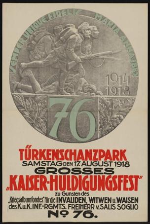 Plakat zum 70-jährigen Jubiläum des Kaiser-Huldigungsfestes in Berlin, Deutschland, mit einer Gruppe von Menschen umgeben von Text und Zahlen in einem klassischen Rahmen.