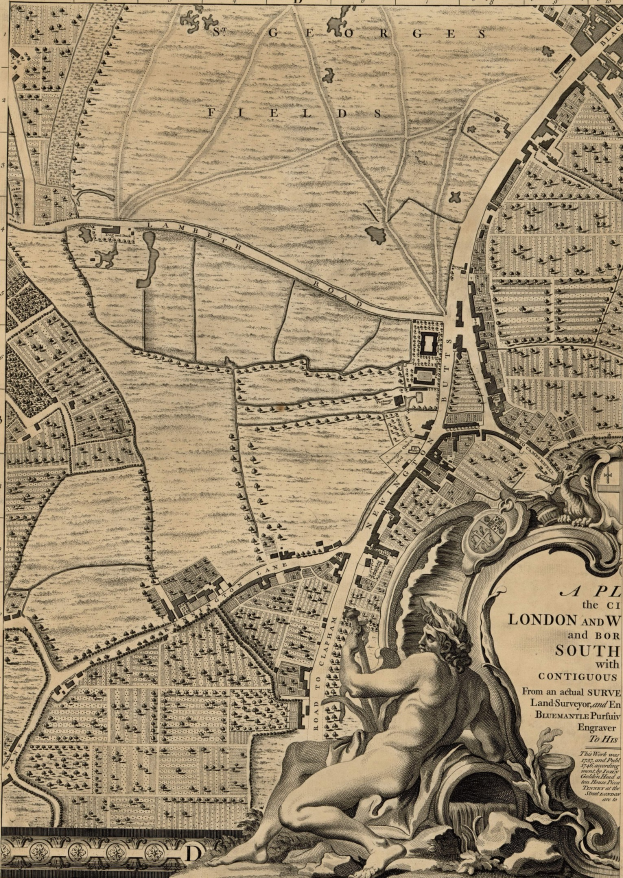 Ein detailliertes London-Karte-Poster mit einer zentralen Skulptur einer Person.