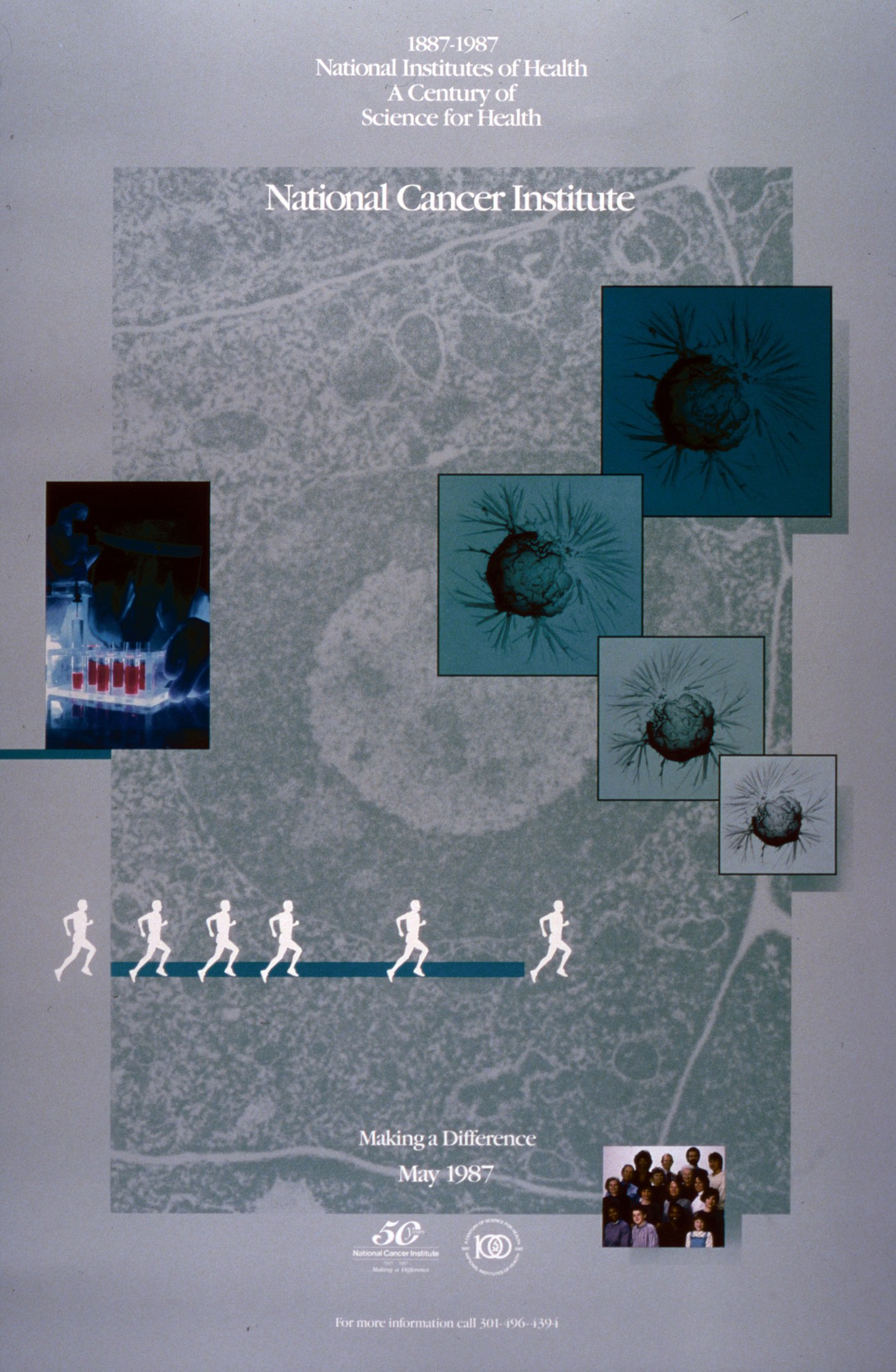 Buntes Plakat mit einem blauen Hintergrund und weißer Schrift, die "National Cancer Institute" in fetten, Großbuchstaben lesen, umgeben von überlappenden Bildern von lachenden Menschen verschiedenen Alters, Geschlechts und Ethnien.