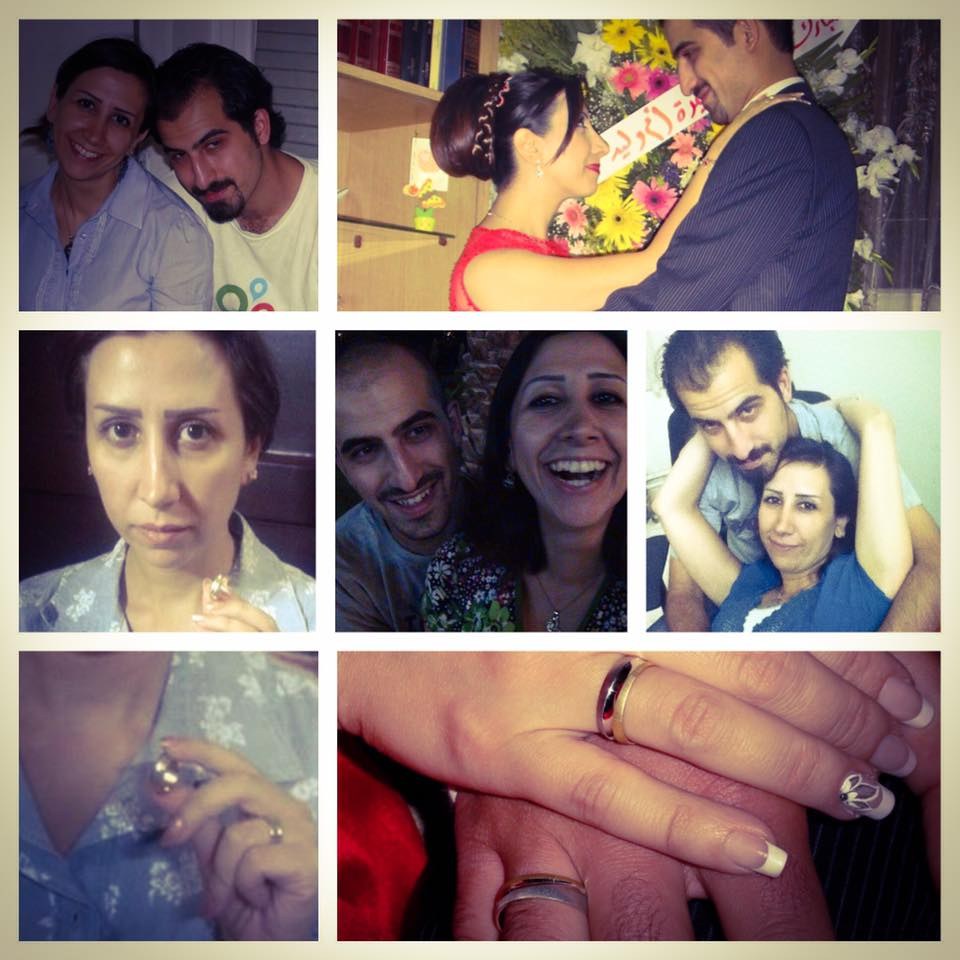 Eine Collage von Fotos, die einen Mann und eine Frau mit Eheringen zeigen, umgeben von Blumen und anderen Gegenständen.