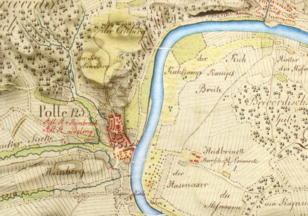 Detailiertes altes Stadtplan von Polle, Deutschland, mit einem Fluss, Straßen und Gebäuden.