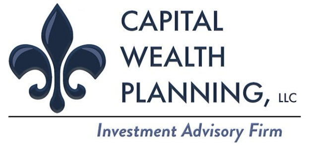 Logo der Capital Wealth Planning, LLC, einer Investmentberatungsfirma: ein blauer Kreis mit einer weißen Umrandung und einem weißen 'C' in der Mitte, umgeben von einem weißen Ring mit 'Capital Wealth Planning' in blau und 'Investment Advisory Firm' in weiß darunter.