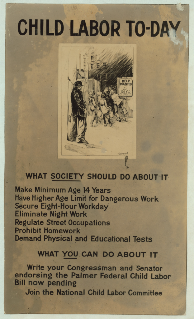 Ein Plakat mit einem Mann im Anzug und Krawatte mit entschlossener Miene, mit fetter schwarzer Schrift, die lautet "Kindera(r)beit heu(t)e: Was die Gesellschaft dagegen tun sollte", umgeben von einem weißen Rand.