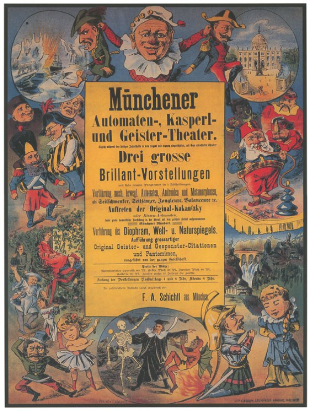 Alter deutscher Filmplakat für "Munchener Automaten-Kasperl- und Geister-Theater" mit einer Gruppe farbenfroher Kostüme umgeben von Text.