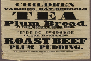 Ein Blatt Papier mit der Aufschrift "Die Kinder der verschiedenen Tagesschulen werden mit Tee, Pflaumenbrot und Roastbeef und Pflaumenpudding versorgt"