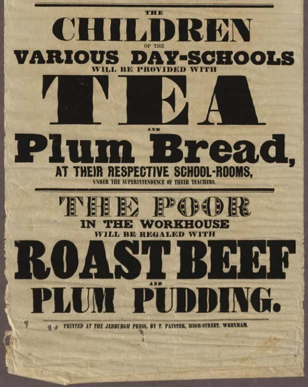 Ein Blatt Papier mit der Aufschrift "Die Kinder der verschiedenen Tagesschulen werden mit Tee, Pflaumenbrot und Roastbeef und Pflaumenpudding versorgt"