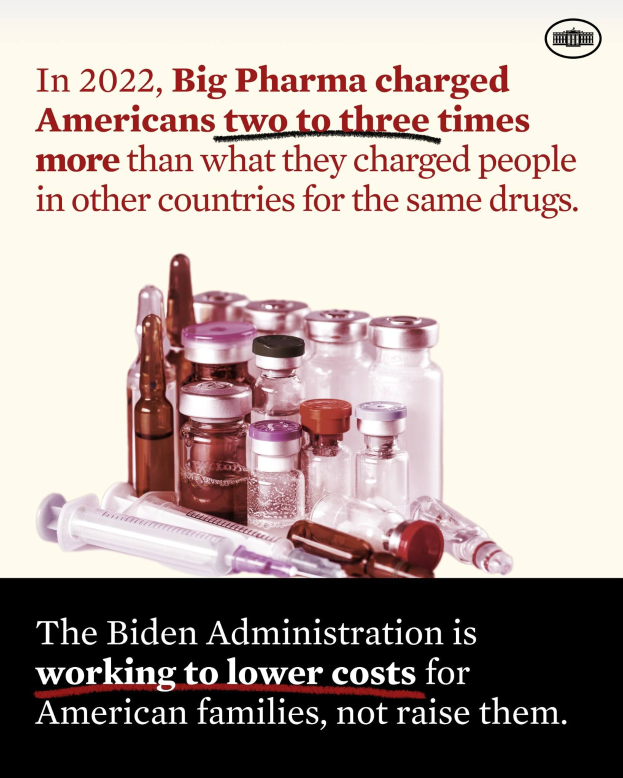 Plakat, das besagt, dass Big Pharma 2022 Amerikanern zwei bis drei Mal so viel für dieselben Medikamente berechnet hat wie in anderen Ländern, mit Bildern von Medikamentenflaschen und einer Spritze darunter.