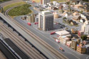 Ein Modell einer Stadtlandschaft mit einem Zug auf Schienen, umgeben von Gebäuden, Bäumen, Straßen, Fahrzeugen, Masten, Gras und einem prominenten Wolkenkratzer.