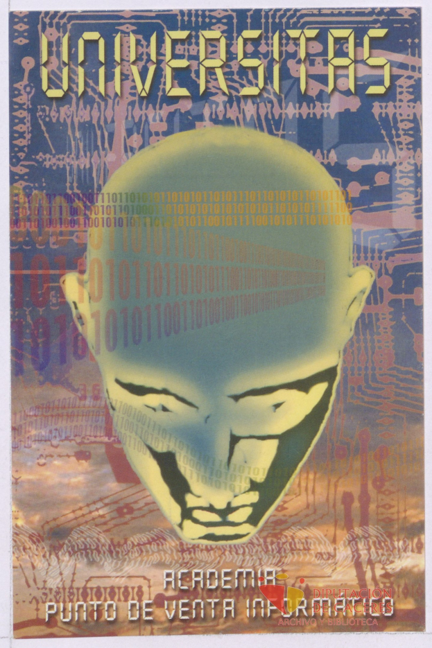 Ein Plakat mit einem kahlköpfigen Mann mit breitem Grinsen, geschlossenen Augen und umgeben von Text, einschließlich des Wortes "Universitas" in fetter schwarzer Schrift.