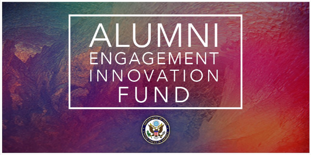 Logo des Alumni Engagement Innovation Fund auf einem bunten Hintergrund mit dem Namen des Fonds darum herum.