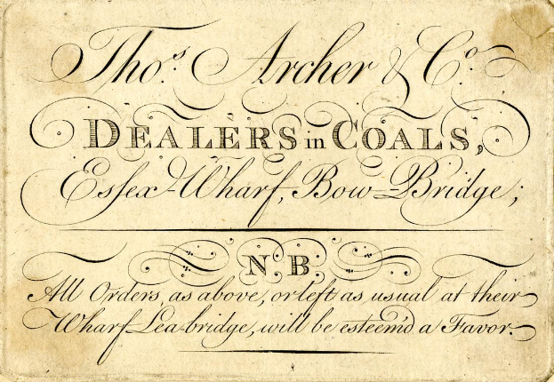 Papier mit gedrucktem Text, der "The Archer & Co Dealers in Coals, Essex Wharf, Bow Bridge" lautet.