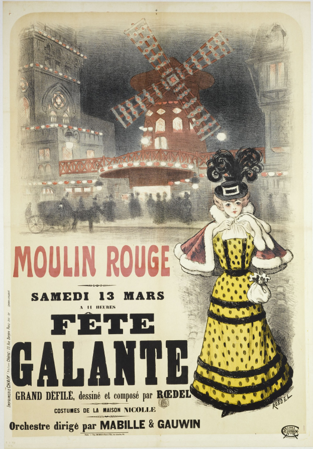 Plakat für ein Moulin Rouge Fête Galante-Event, das eine Frau in einem gelben Kleid zeigt, die vor einem Gebäude mit einer Windmühle im Hintergrund steht, begleitet von Text.