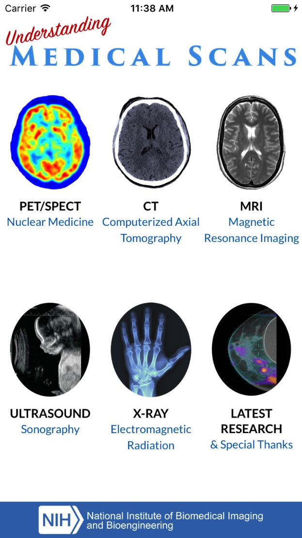 Mobiles Display zeigt "Verständnis medizinischer Scans" mit einem Raster von etikettierten CT- und MRI-Scan-Bildern auf einem hellblauen Hintergrund.
