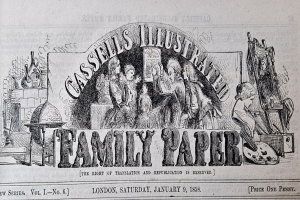 Ein altes Buch mit einer Zeichnung einer Familie auf dem Cover, das mehrere Personen und Text enthält.