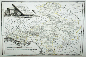 Ein altes Deutschland-Karte in einem Photo-Rahmen, mit einem Haus prominent in der Mitte, umgeben von Straßen, Städten und geografischen Merkmalen.