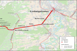 Eine Karte von Ludwigshafen, Deutschland, mit einer roten Linie, die die Bahnroute anzeigt, und Text, der Details zum Zug_length, distance und Sehenswürdigkeiten enthält.