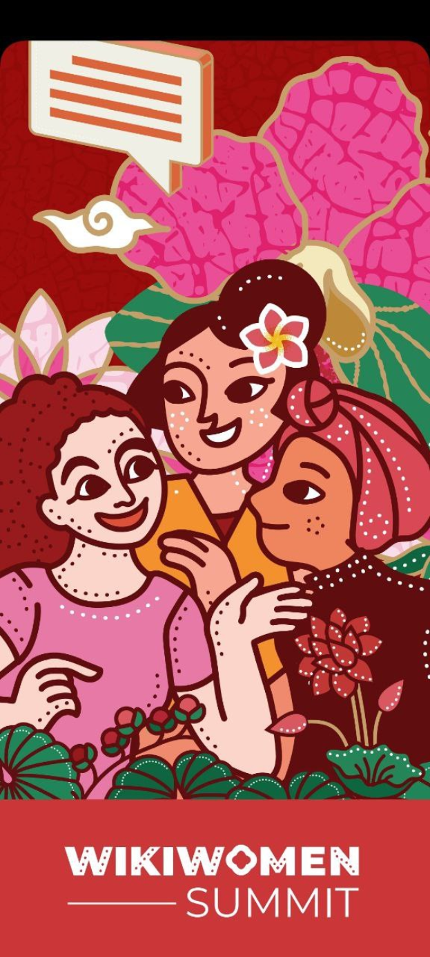 Plakat für den Wikiwomen Summit 2019 mit drei Frauen in der Mitte umgeben von Blumen und Blättern mit dem Text "Wikiwomens Summit 2019" unten.