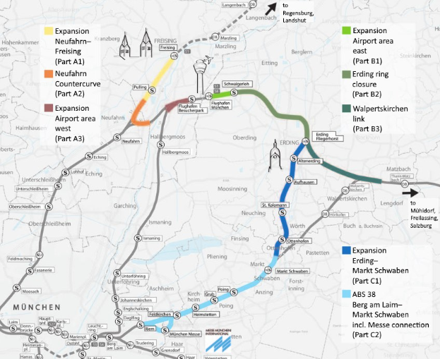 Karte einer Stadt mit einer hervorgehobenen Zugroute von München nach Frankfurt, die Haltestellen und die Umgebung mit zusätzlichen Zuginformationen zeigt.