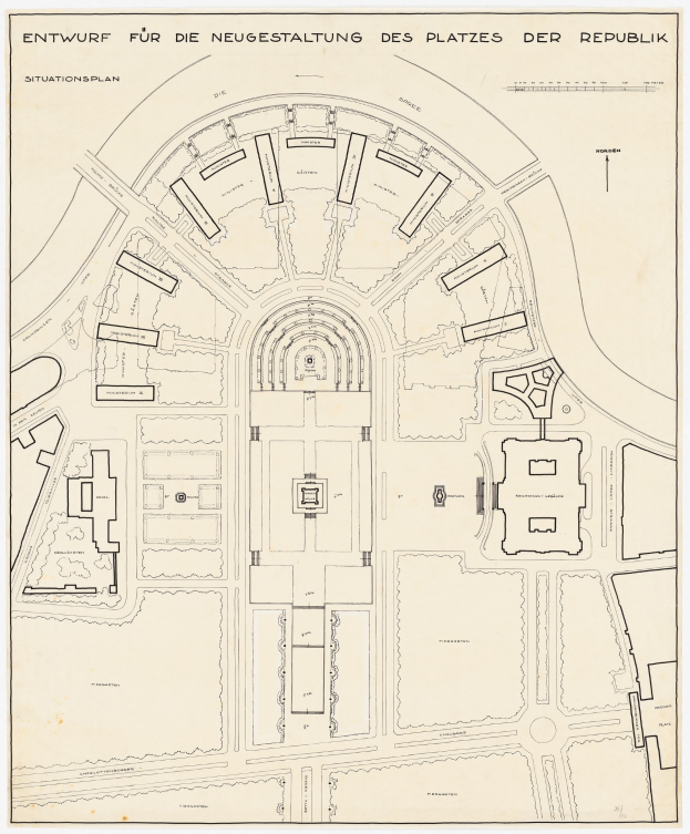 Stadtplan von Berlin, Deutschland, mit einer zentralen Gebäudeillustration und Text, der die Stadtlayout und die umliegende Gegend beschreibt.
