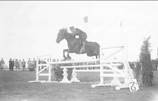 Ein Schwarz-Weiß-Foto eines kastanienbraunen Pferdes mit einer weißen Blesse, das über ein Hindernis springt, geritten von einer Person in einem weißen Hemd und schwarzen Hosen, mit Zuschauern und Bäumen im Hintergrund.