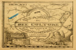 Ein altes Buch mit einer Zeichnung einer Biene, umgeben von Bäumen, einer Leiter und anderen Gegenständen, mit dem Text "Reinigung in der Bienenkultur" auf dem Cover.