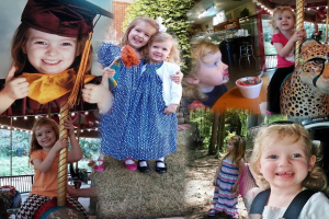 Collage mit lustigen Fahrgeschäften, Kindern an einem Tisch mit Essen und Besteck, umgeben von Außenbereichen wie Lichtern, Vegetation und einem Seil, mit einer Mütze.