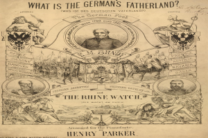 Eine Zeitung mit Bildern von Menschen und Text, der "Was ist das Vaterland der Deutschen? Die Rheingarde von Henry Parker" lautet.