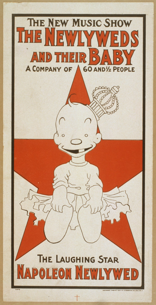 Plakat für "The New Music Show: The Newlyweds and Their Baby" mit einer Cartoon-Baby in einem weißen Strampler mit einer pinken Krawatte, das gegen einen hellblauen Hintergrund mit verstreuten Sternen lächelt und eine fette schwarze Schrift hat.