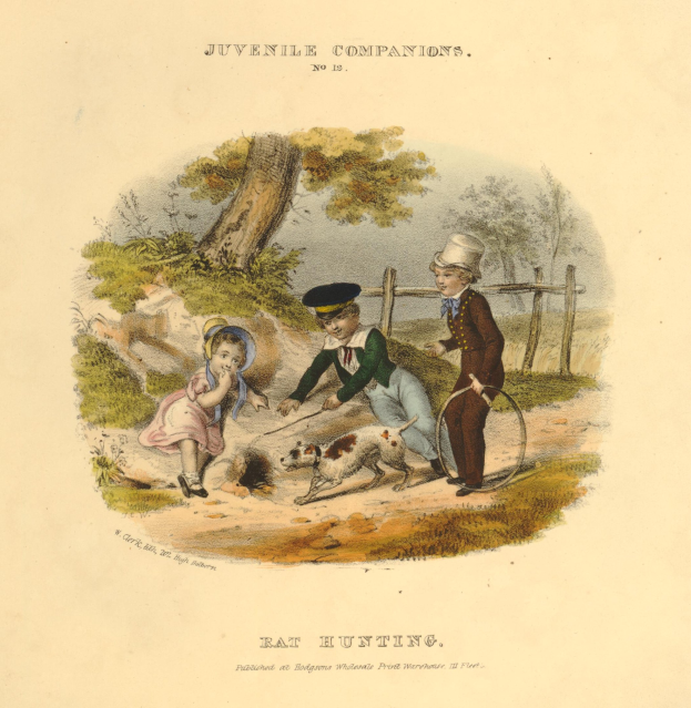 Ein Kindeszeichnung, die drei Kinder zeigt, die mit einem Hund in einem Park spielen, umgeben von Bäumen, Pflanzen und einem Zaun, mit Text unten.