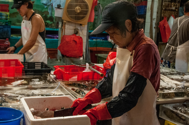 Eine Frau in einer Schürze und roten Handschuhen arbeitet an einem Fischmarkt, hält ein Messer und ist von Tabletts mit Fisch, Plastikbehältern und anderen Gegenständen umgeben, mit einem Ventilator und Kleidung im Hintergrund.