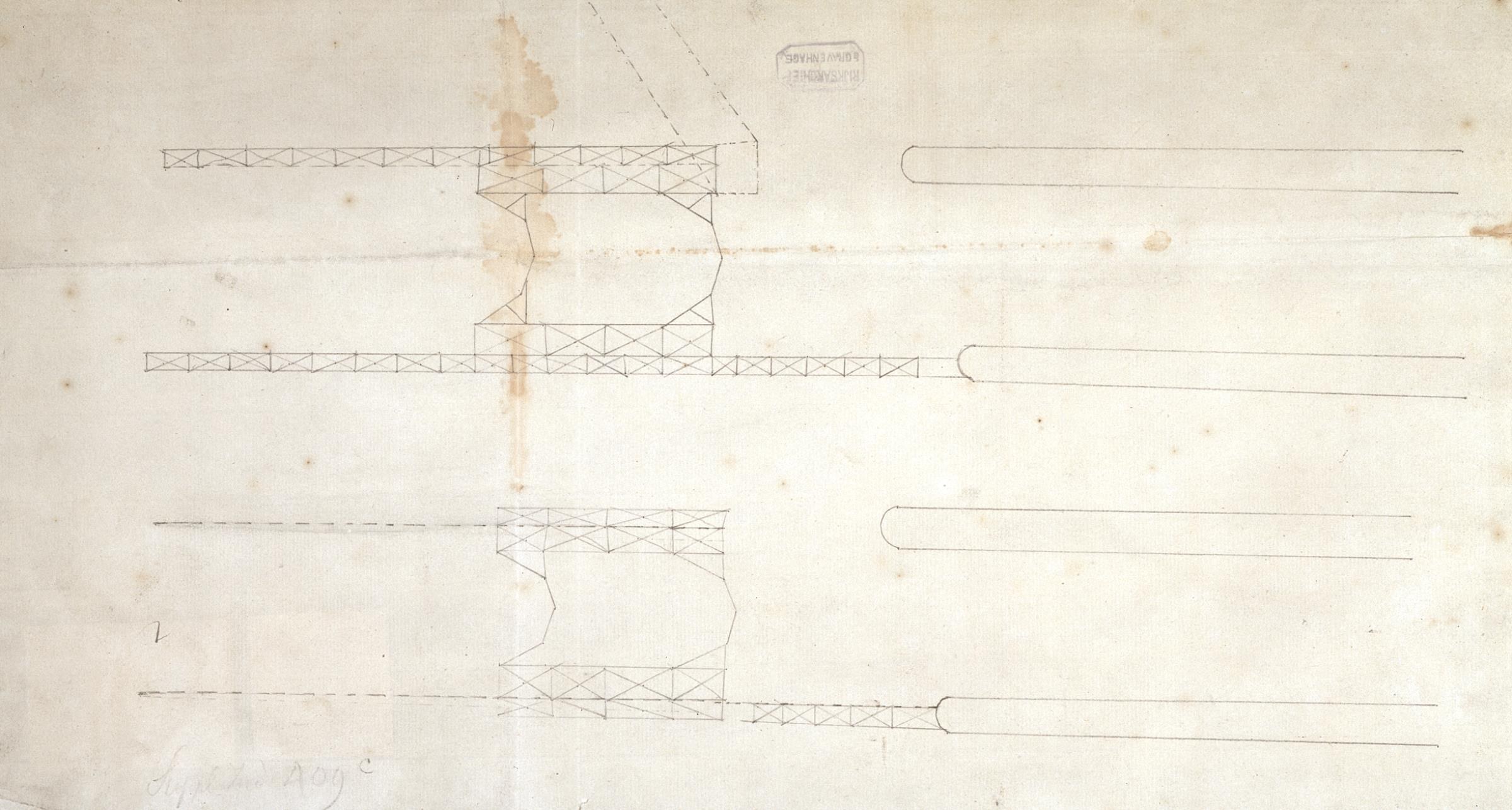 Ein detailliertes architektonisches Zeichnung eines Brückenbauplans mit Linien und Text auf Papier.
