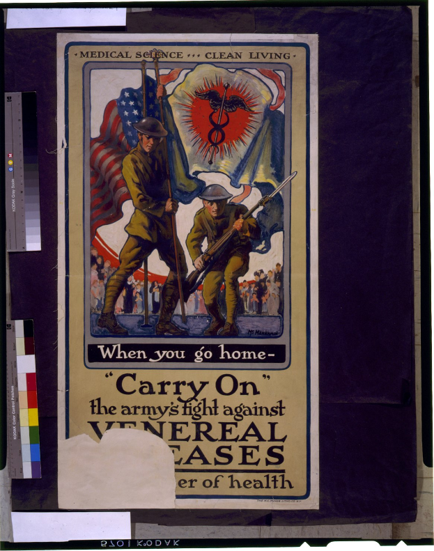 Ein Plakat mit zwei bewaffneten Personen, die eine Fahne halten, und einem Text, der die Fortsetzung militärischer Maßnahmen gegen unbekannte Gesundheitsprobleme fordert.