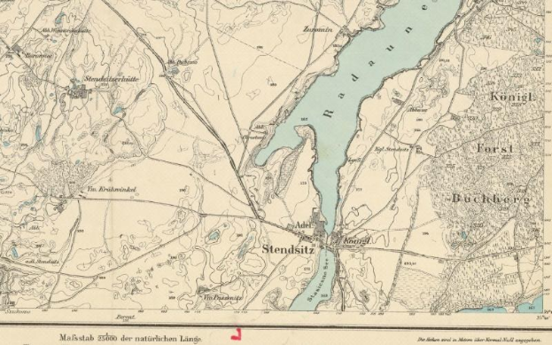 Ausführliche alte Karte von Stendsitz, Deutschland, zeigt Straßen, Gebäude, Sehenswürdigkeiten und einen Fluss, der durch die Stadt fließt, mit Text zur Bevölkerungsdichte und Lageinformation.