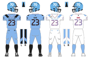 Ein Fußballtrikot in Blau-Weiß mit einem T-Shirt, Shorts und einem Helm, vor einem weißen Hintergrund mit begleitendem Text.