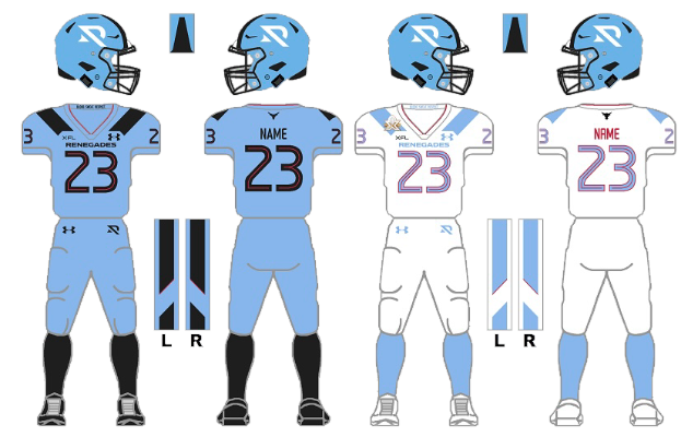 Ein Fußballtrikot in Blau-Weiß mit einem T-Shirt, Shorts und einem Helm, vor einem weißen Hintergrund mit begleitendem Text.