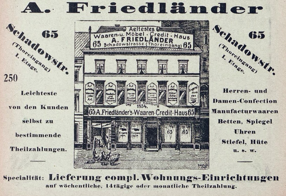 Außenansicht eines alten Friedlander-Geschäfts in Deutschland mit Text auf dem Gebäude.
