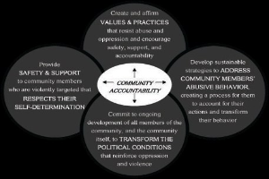 Ein Kreis mit "Verantwortung in der Gemeinde" in der Mitte, umgeben von drei sich überschneidenden Kreisen, die durch Pfeile verbunden sind, alles in fetter, heller und leuchtender Farbe.