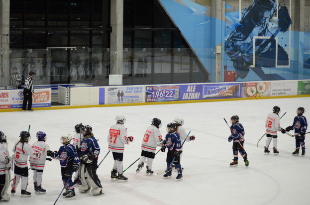Gruppe junger Menschen beim Eishockey auf einer Indoor-Eisfläche, mit Helmen und Stöcken ausgestattet, mit einer Person auf der linken Seite und Bannern, Säulen und Glaswänden im Hintergrund.