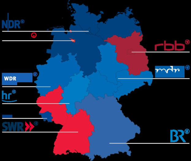 Karte von Deutschland mit Bundesländern in rot und blau markiert, um die Ergebnisse der Wahl von 2016 zu zeigen, einschließlich der Namen der Kandidaten und des Wahltermins.