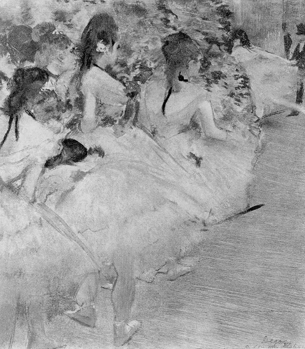 Schwarz-weiß-Zeichnung von Tänzern in einem Studio, einer Person steht zentral in einer Gruppe mit bunten Tutus und Spitzenschuhen, mit einem unscharfen Hintergrund, der Bewegung suggeriert.