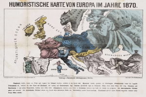 Ein Plakat mit einer Karte von Europa aus dem Jahr 1870, umgeben von Cartoon-Bildern und dem Text "Humoristische Karte von Europa im Jahre 1870".