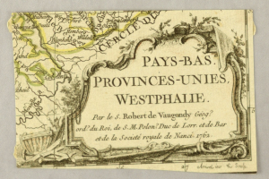 Detailreiches altes Kartenblatt von Westphalia's Provinzen auf vergilbtem Papier mit begleitendem Text, der die Region beschreibt.