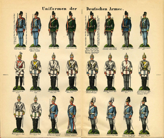 Ein Buch, das bunt gefärbte Militäruniformen der deutschen Armee zeigt, mit detaillierten Elementen wie Helmen, Gewehren und anderen Waffen, begleitet von beschreibendem Text.